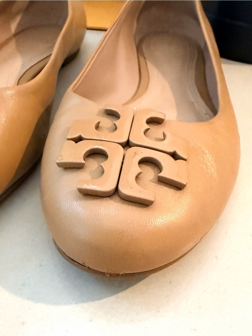 Tory Burch Mustard Yellow Leather Logo Ballet Flats